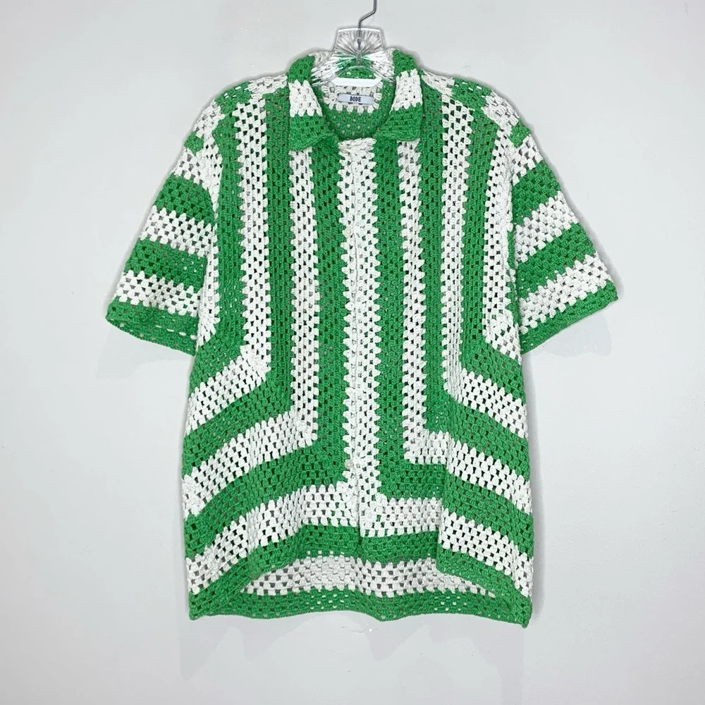 Bode Crochet Shirt (Sz S/M) Flagship Short Sleeve Button Up Striped Green Cream